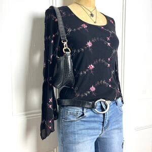 Hourglass Whimsygoth grunge black long sleeve top flared sheer sleeves floral